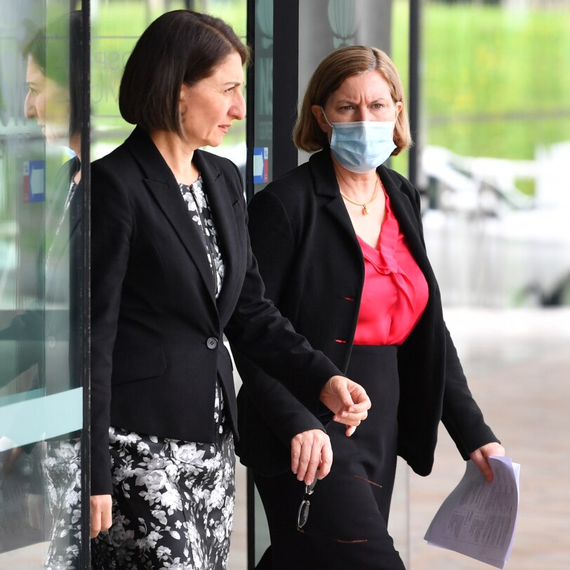 Gladys Berejiklian and NSW Chief Health Officer Dr Kerry Chant walking into a COVID-19 media conference.