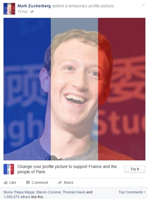 A picture of a man with a filter of blue, white and red over the top, to represent the French flag.