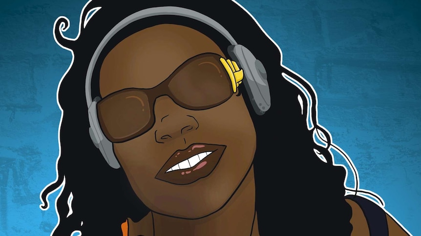 cover of hip hop and hymns book with cartoon image of mawunyo smiling with sunnies and headphones