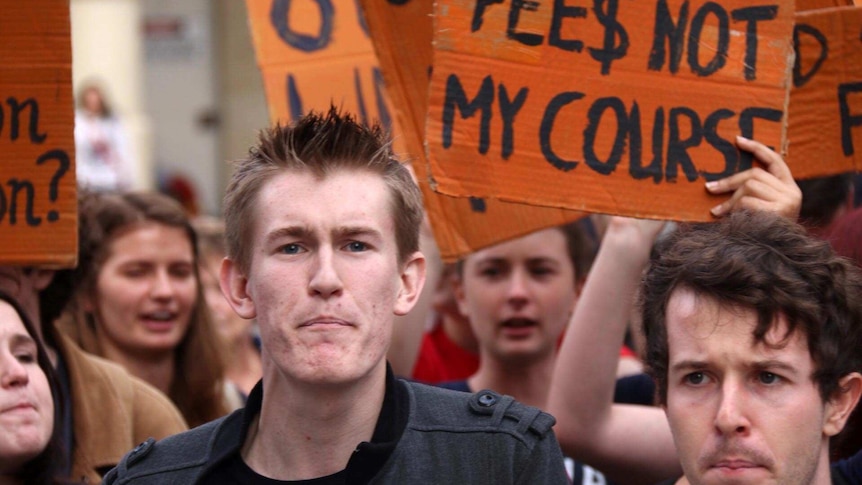 Students march through the Perth CBD protesting federal cuts to education. May 21, 2014