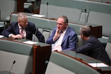 Three men sitting on government benches deep in coversation
