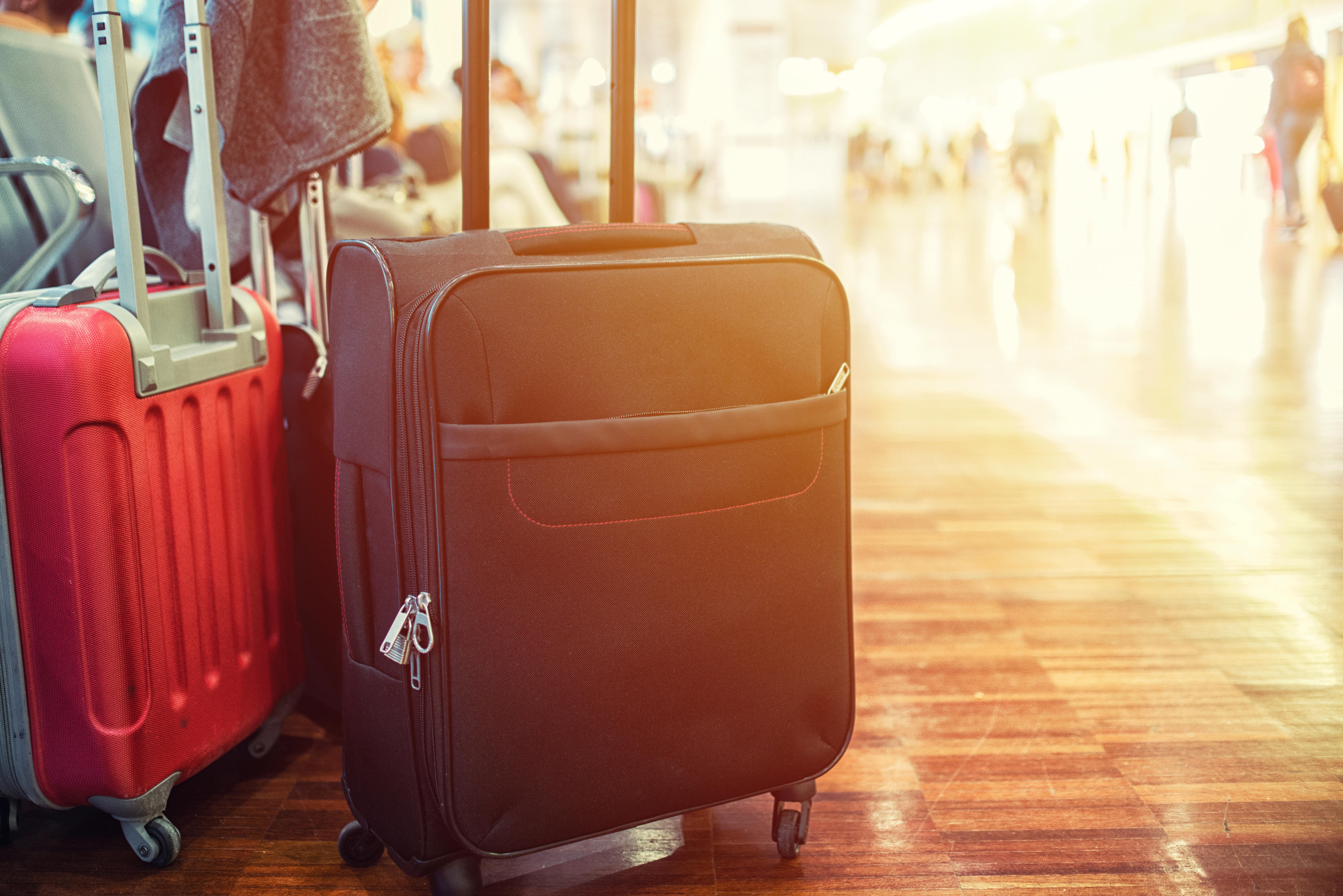 A hard and a soft-side suitcase next to each other in an airport terminal, with sun shining through a window