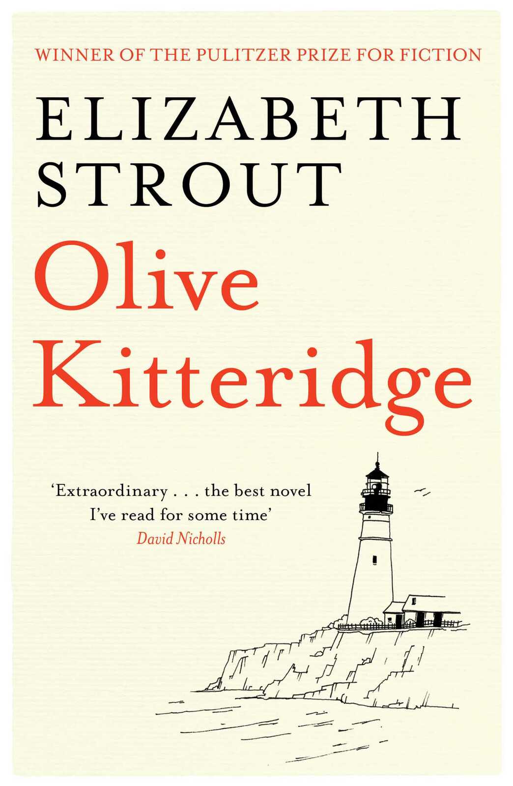 The front cover of Elizabeth Strout's book, Olive Kitteridge, which is pale yellow and features an illustration of a light house