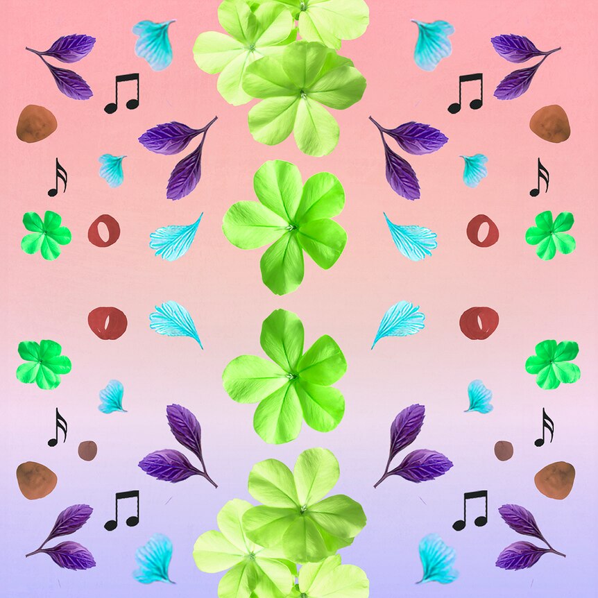 Green flowers, coloured leaves and music notation on a red and purple background.