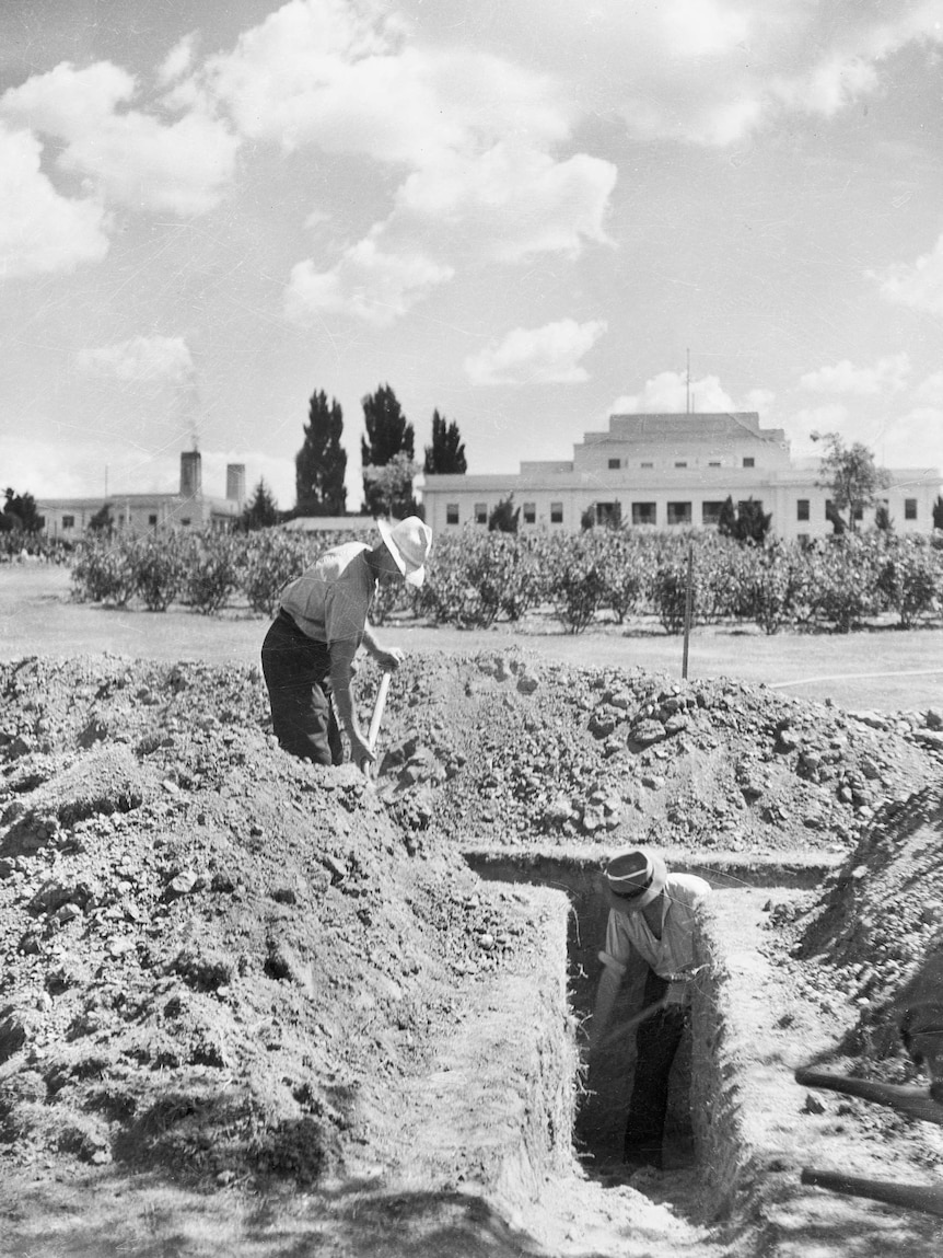 Workmen dig slit trenches in the grounds of Parliament House in preparation for air raid drills and evacuations.