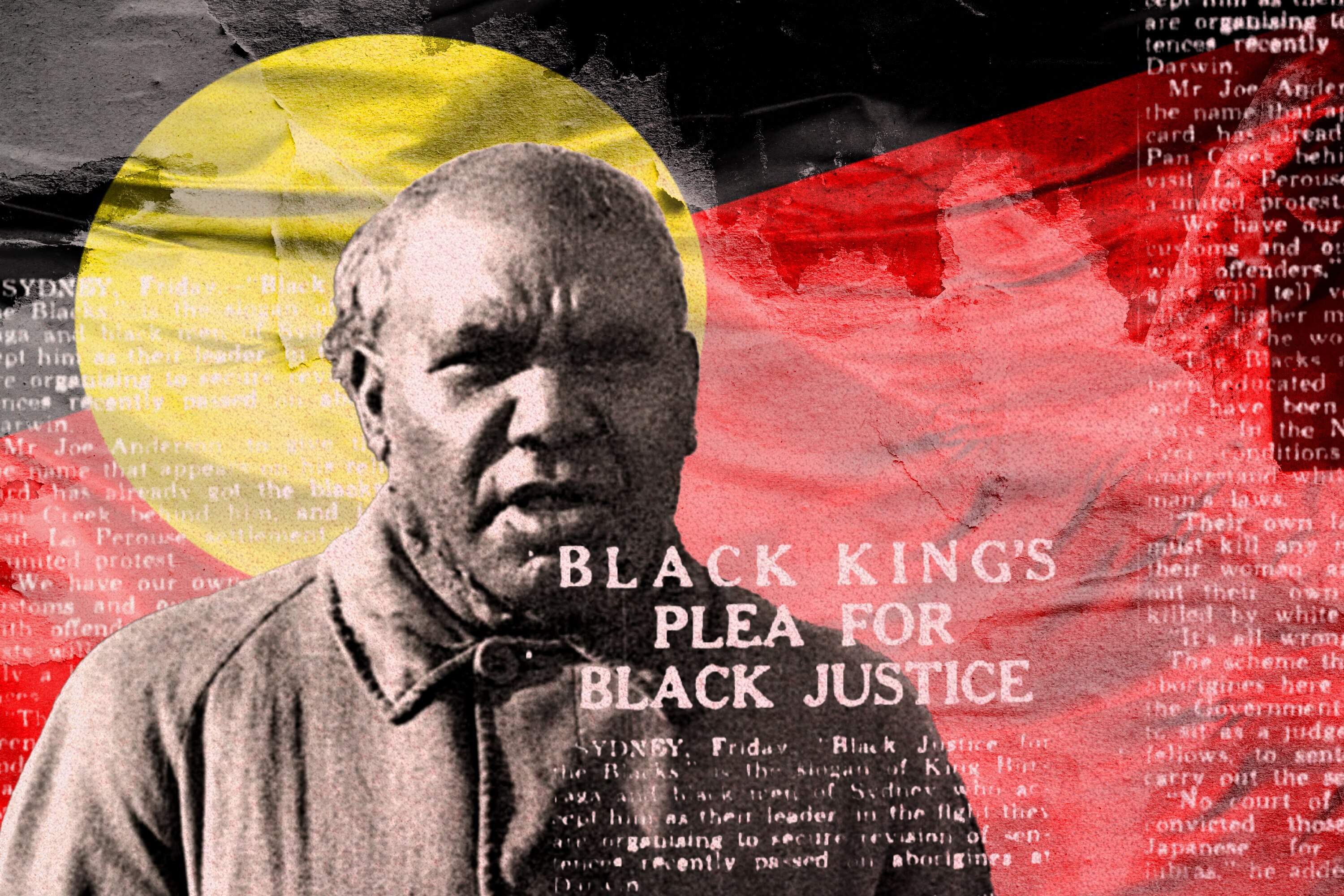 The Aboriginal flag with an Aboriginal man appearing in front of it. There is white text over the top 'Black Kings Plea'