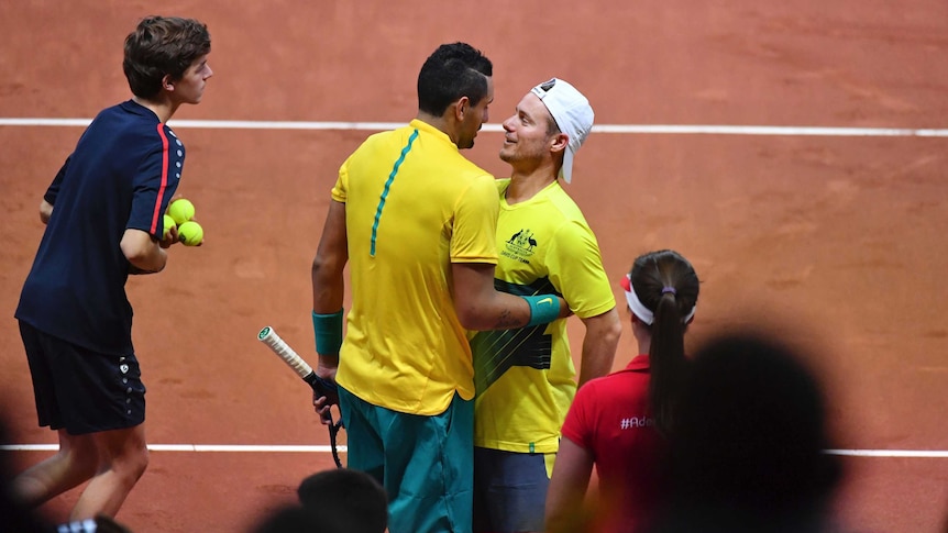 Lleyton Hewitt congratulates Nick Kyrgios after Davis Cup leveller against Belgium