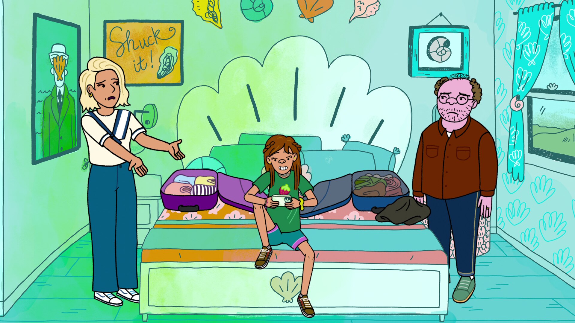 A cartoon charicature with a teenager sitting on a bed playing a game while the parents stand either side looking irate