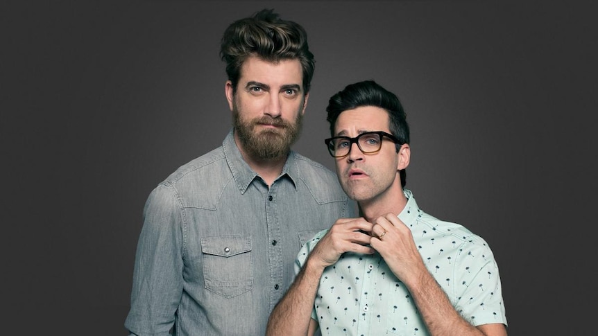 Two men, Rhett and Link looking well kept