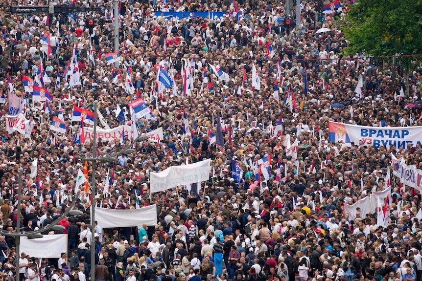 People fill the street as they attend a rally in support of President Aleksandar Vucic.