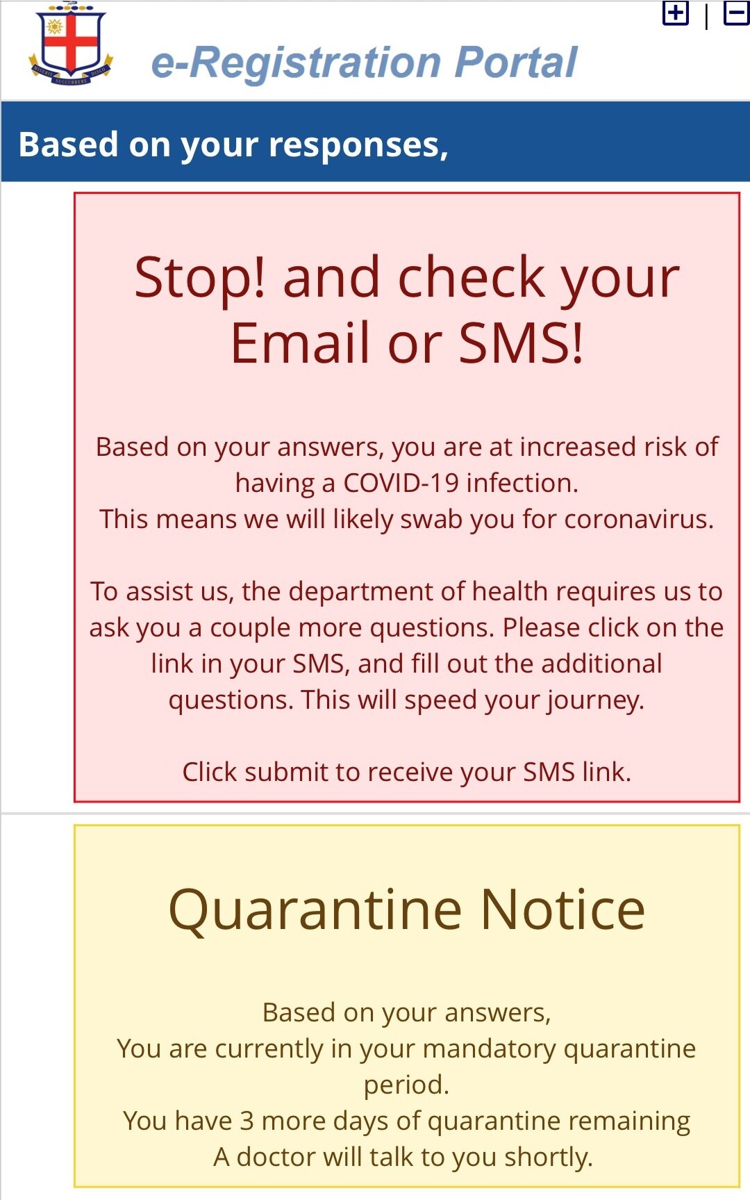 A coronavirus quarantine notice displayed as a screenshot on a mobile phone