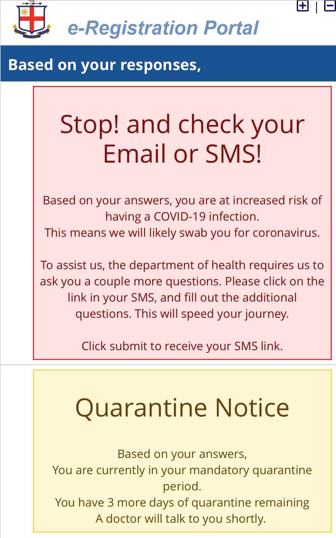 A coronavirus quarantine notice displayed as a screenshot on a mobile phone