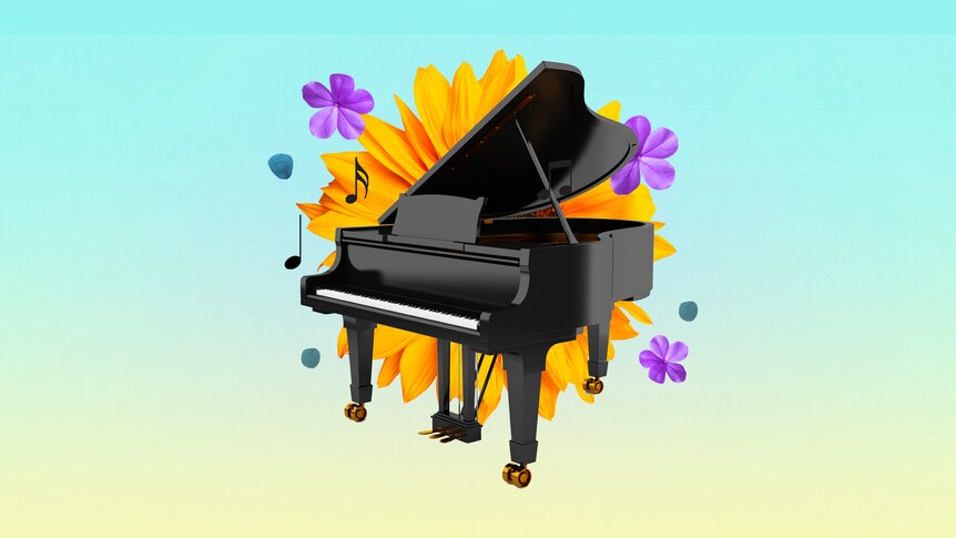 A grand piano sits over a blue to yellow gradient background surrounded by a large yello sunflower and music notes