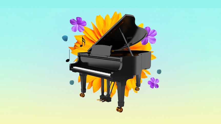 A grand piano sits over a blue to yellow gradient background surrounded by a large yello sunflower and music notes