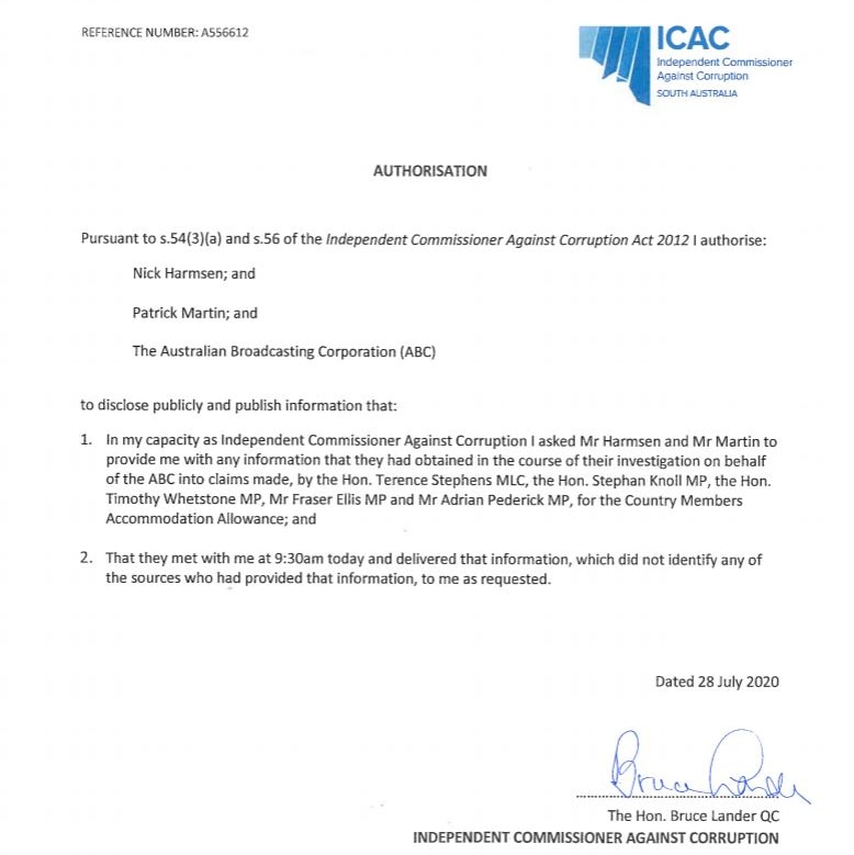A letter from the Independent Commissioner Against Corruption to the ABC dated July 28