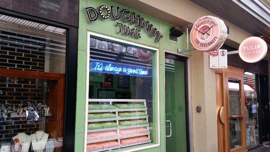 Doughnut Time shop entrance at Degraves Street, Melbourne.