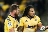 Ma'a Nonu of the Hurricanes is congratulated on his try by teammates