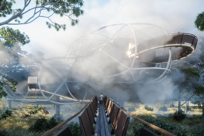 An artist's impression of the Eden Project's plan showing a bridge leading to a futuristic sculptural structure.
