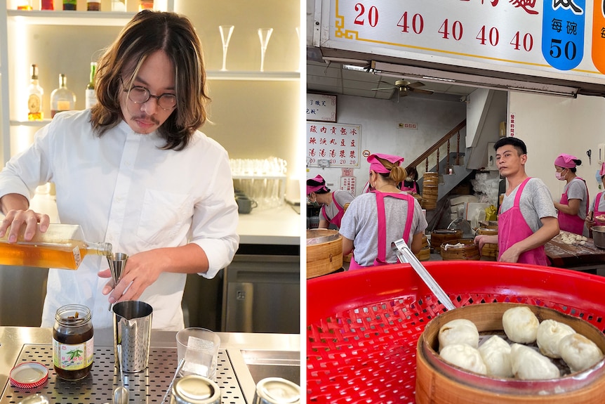 A man mixes a drink and a bowl of dumplings.