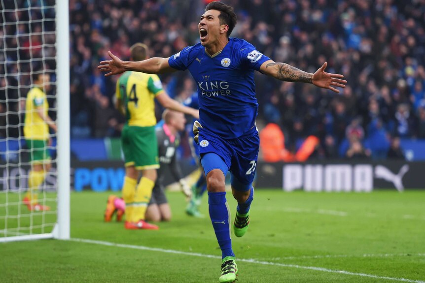 Leonardo Ulloa celebrates his winning goal for Leicester City against Norwich