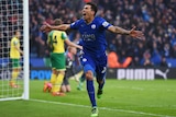 Leicester's Leonardo Ulloa celebrates his goal against Norwich City on February 27, 2016.