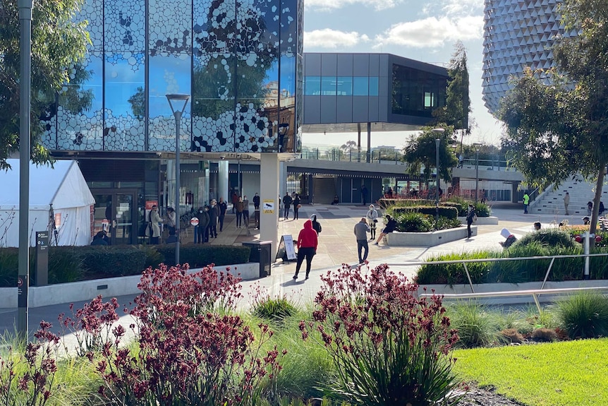 People line up in front of the Royal Adelaide Hospital for COVID-19 testing.