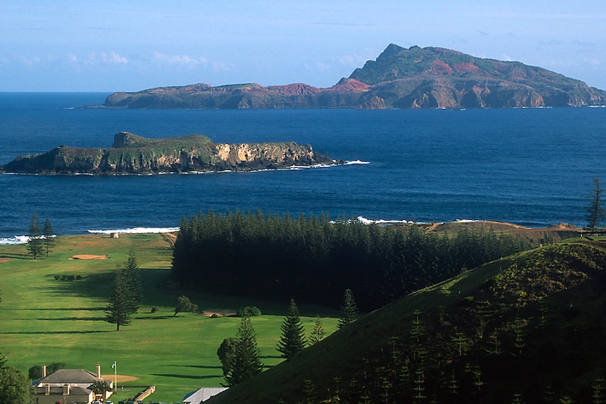 Delightful view of two offshore islands over a lush, green foreshore that features a grassy clearing and a forest of trees