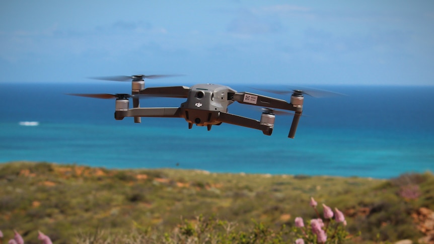 A drone sitting off a horizon with an ocean in the background