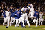 Chicago Cubs players celebrate after beating LA Dodgers at Wrigley Field to reach 2016 World Series.