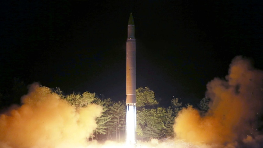 An Intercontinental ballistic missile is pictured during its second test-fire in Pyongyang.