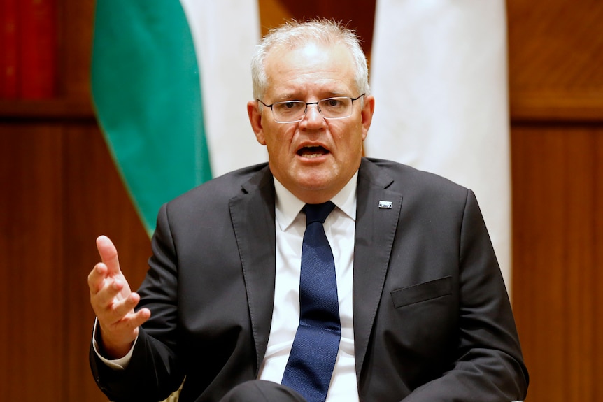 Scott Morrison speaks at a meeting of the Quad in Melbourne, February 11, 2022.