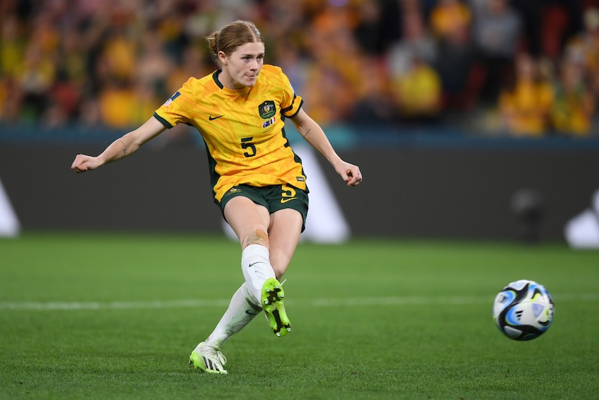Cortnee Vine kicks the winning penalty against France at the Women's World Cup.