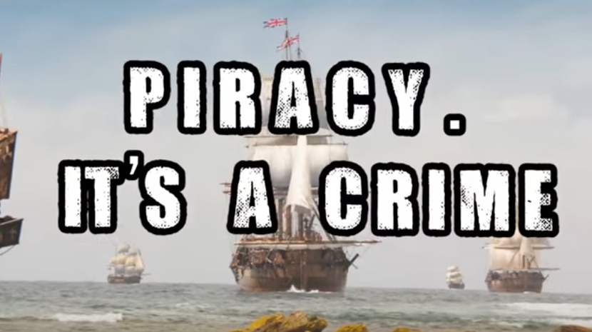 A still from a video displaying the words "Piracy. It's a crime" over a picture of British ships during Australia settlement.
