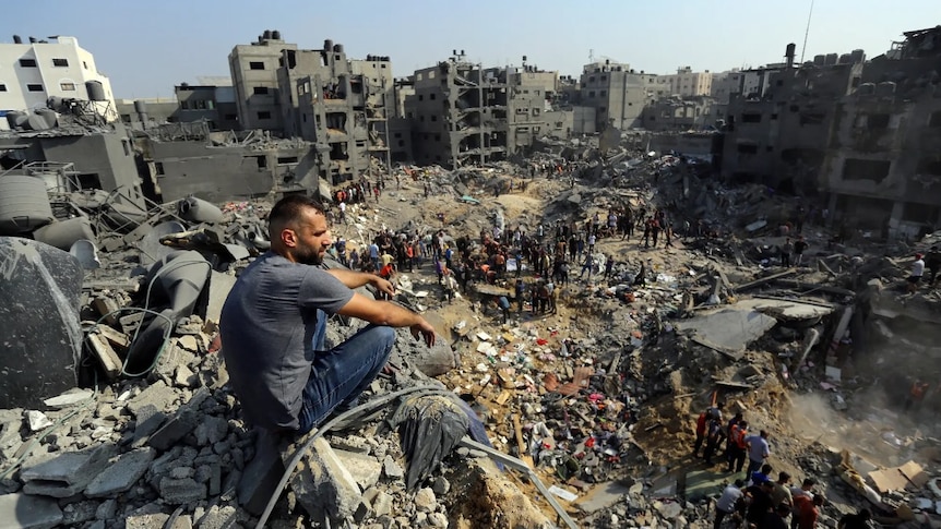 The aftermath of Israeli airstrikes on the Jabaliya refugee camp in Gaza.