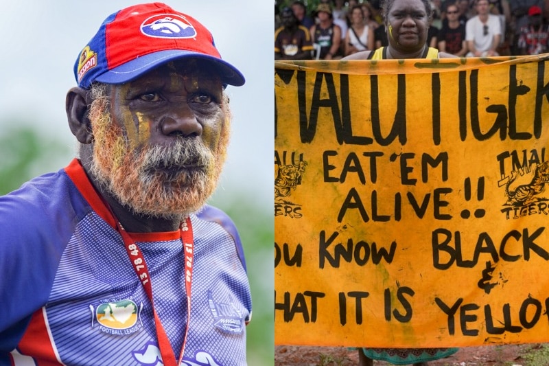 A composite image of an Walama Bulldogs fan wearing a cap and a woman with a Imalu Tigers banner
