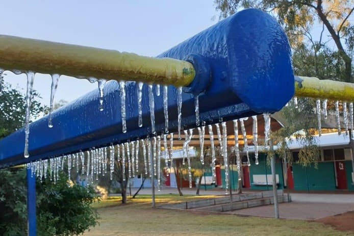 Icicles on railing at Alice Springs school