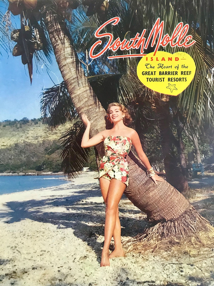 South Molle Island brochure with a woman in a bikini on a beach, circa 1950s.