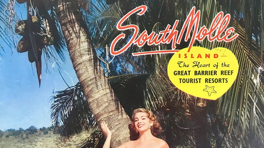South Molle Island brochure with a woman in a bikini on a beach, circa 1950s.