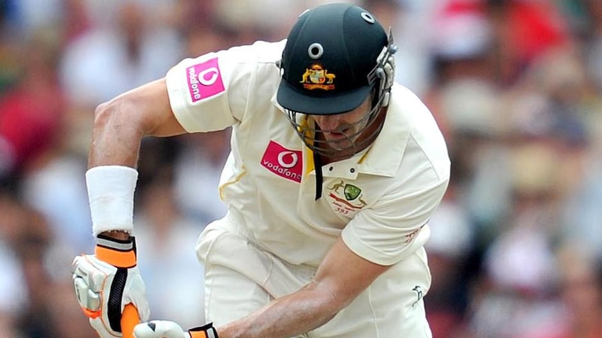 The bails fly off the stumps as Michael Hussey is bowled by Paul Collingwood during day two of the fifth Ashes Test at the SCG on January 4, 2011.