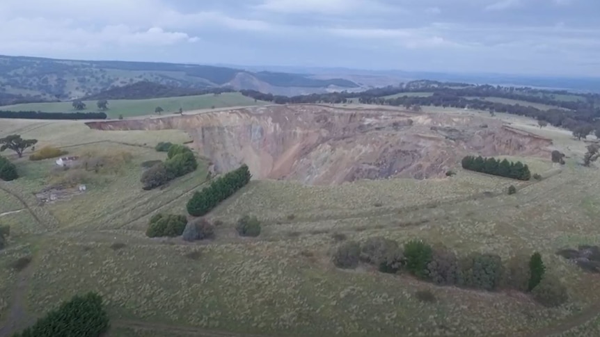 An aerial picture of subsidence caused by mining.