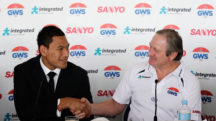 Big investment: Israel Folau will link up with AFL legend Kevin Sheedy at GWS.