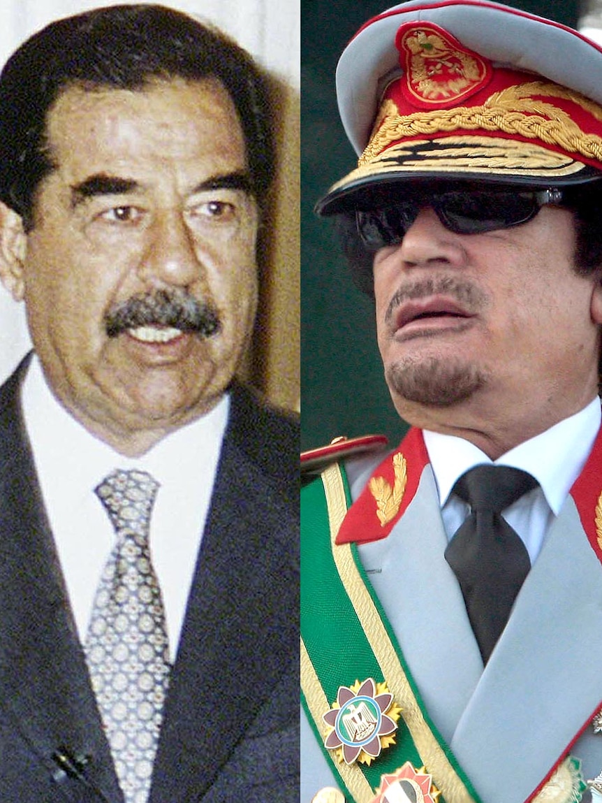 Saddam Hussein and Moamar Gaddafi