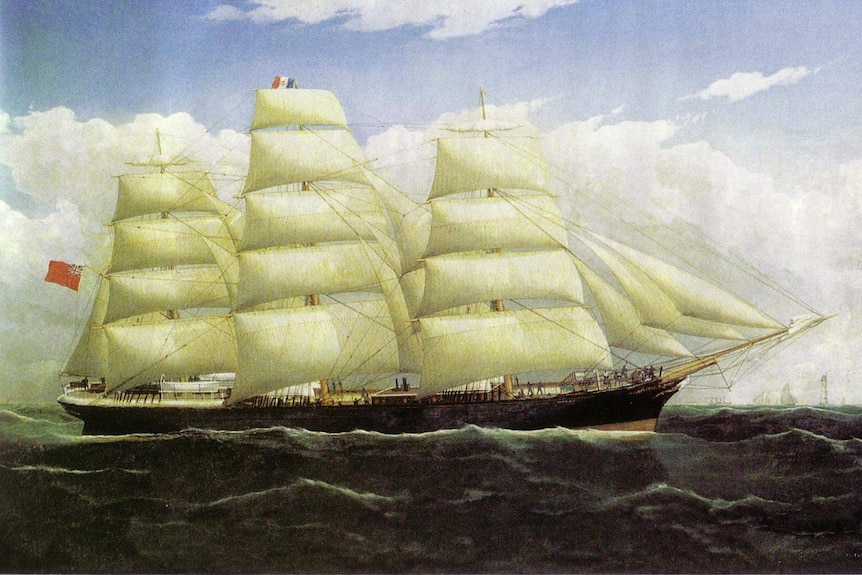 A painting of the SS Dunedin, refitted with a refrigeration machine, by Frederick Tudgay in 1874.
