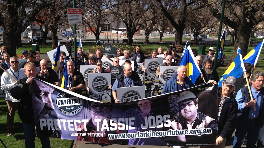 Union members protest in Hobart against locking up the Tarkine from mining