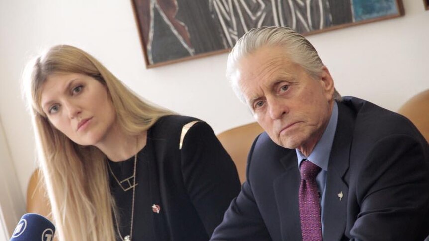 Actor Michael Douglas with ICAN's Beatrice Fihn.