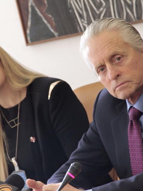 Actor Michael Douglas with ICAN's Beatrice Fihn.