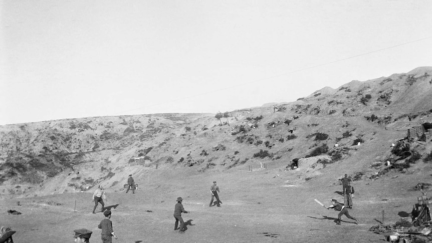 In December 1915, a game of cricket was played on Shell Green, allegedly in an attempt to distract the Turks from the imminent departure of allied troops. Major George Macarthur Onslow of the Light Horse is batting.