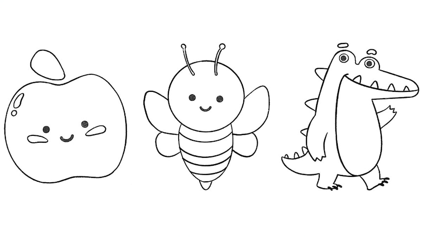 ABC Kids apple bee and crocodile line art