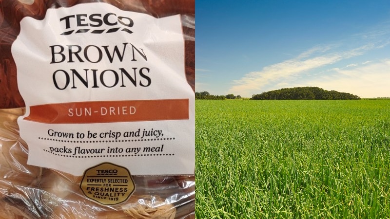 Two images stitched together - one shows a Tesco bag of onions, grown in NZ, and the other shows a field in NZ 