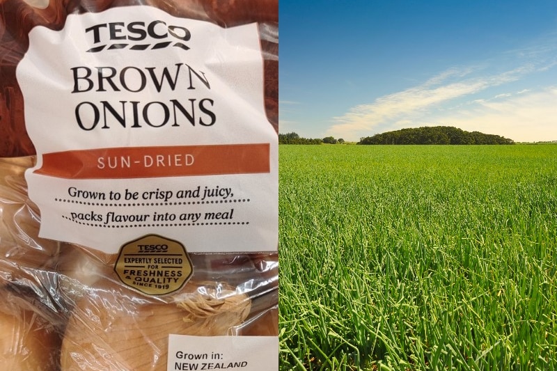 Two images stitched together - one shows a Tesco bag of onions, grown in NZ, and the other shows a field in NZ 